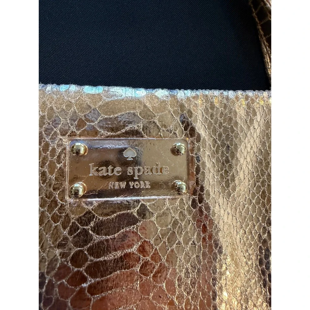 Vintage Kate Spade Gold Metallic Snakeskin Embossed Tote Bag Polka Dot Lining